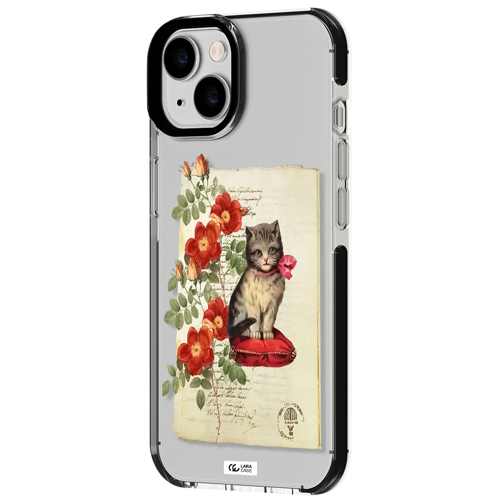 a cat on a pillow with flowers Apple iPhone 14 impact black border Case