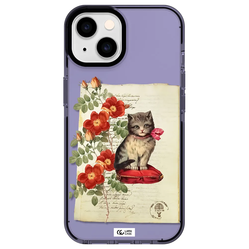 a cat on a pillow with flowers Apple iPhone 14 impact Lilac Case