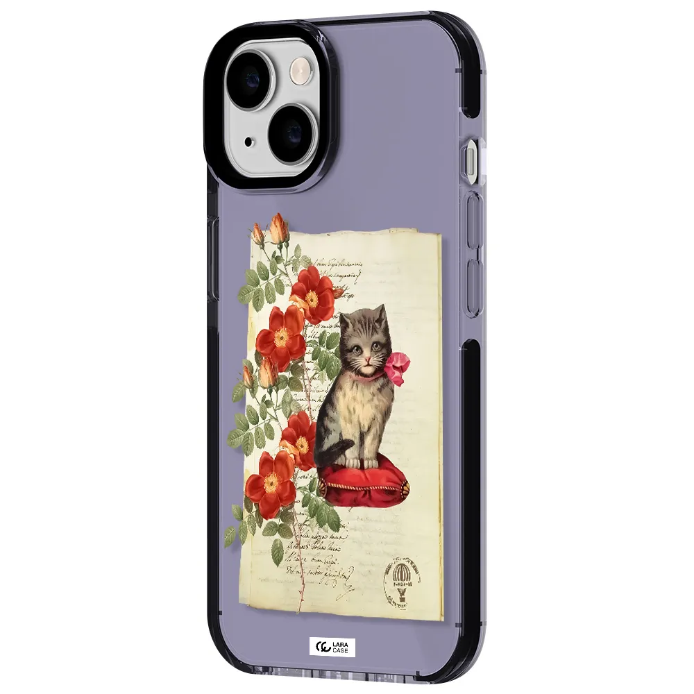 a cat on a pillow with flowers Apple iPhone 14 impact Lilac Case