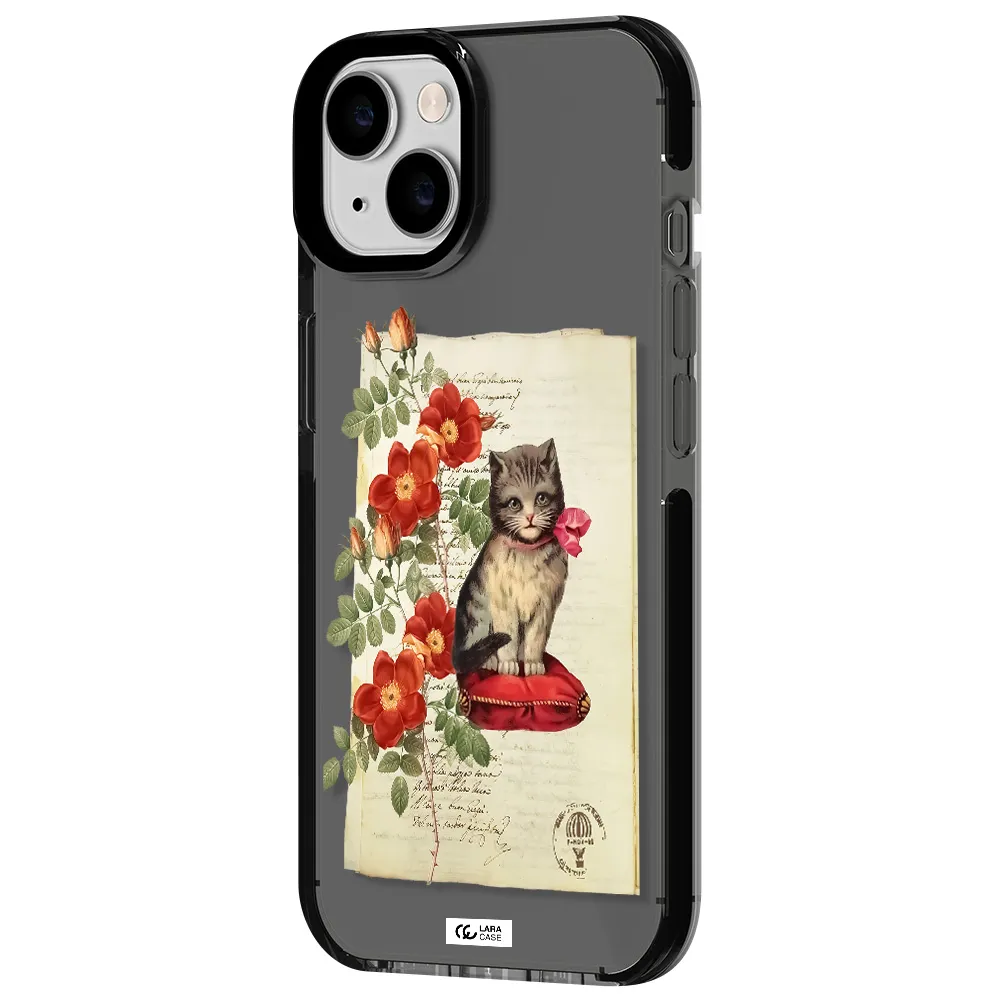 a cat on a pillow with flowers Apple iPhone 14 impact Smoke Black Case
