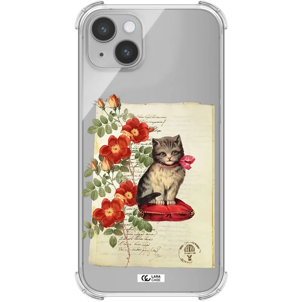a cat on a pillow with flowers Apple iPhone 14 plus Clear PC Case