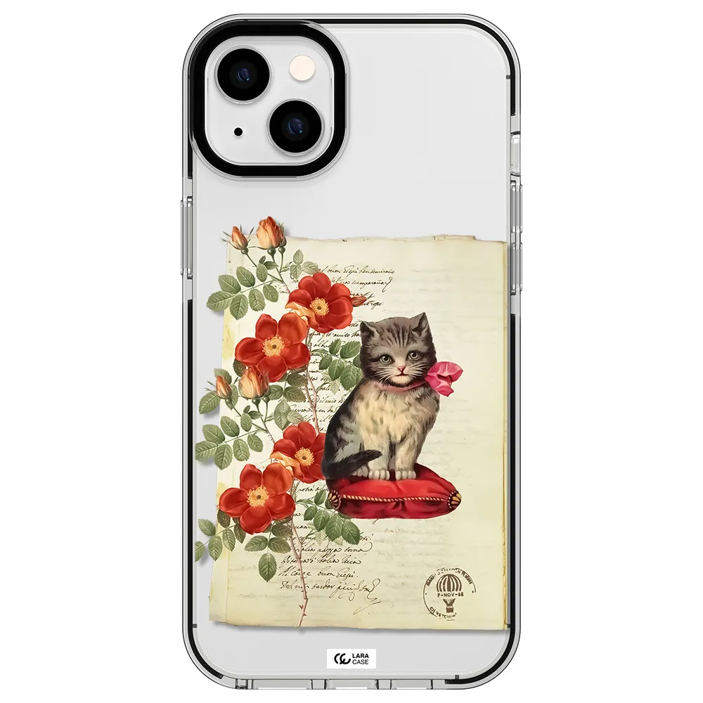 a cat on a pillow with flowers Apple iPhone 14 plus impact black border Case