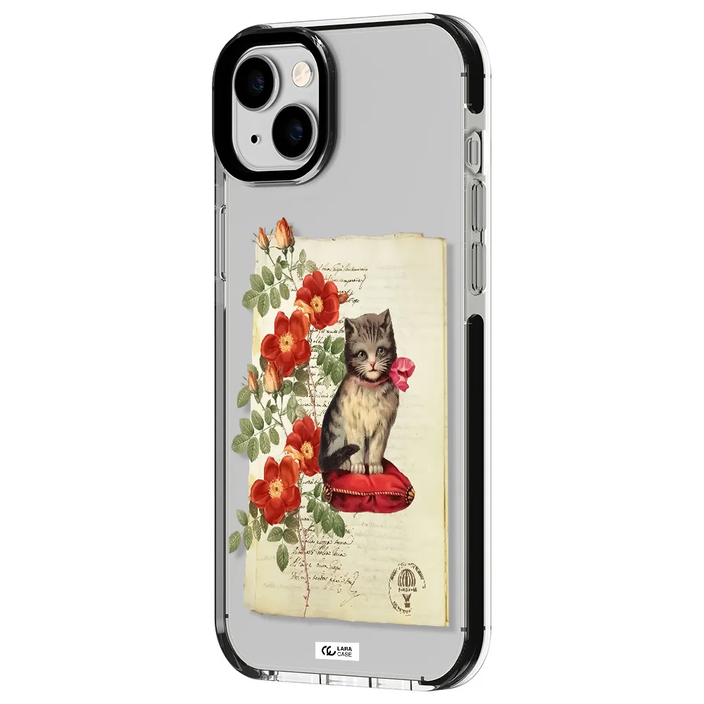 a cat on a pillow with flowers Apple iPhone 14 plus impact black border Case