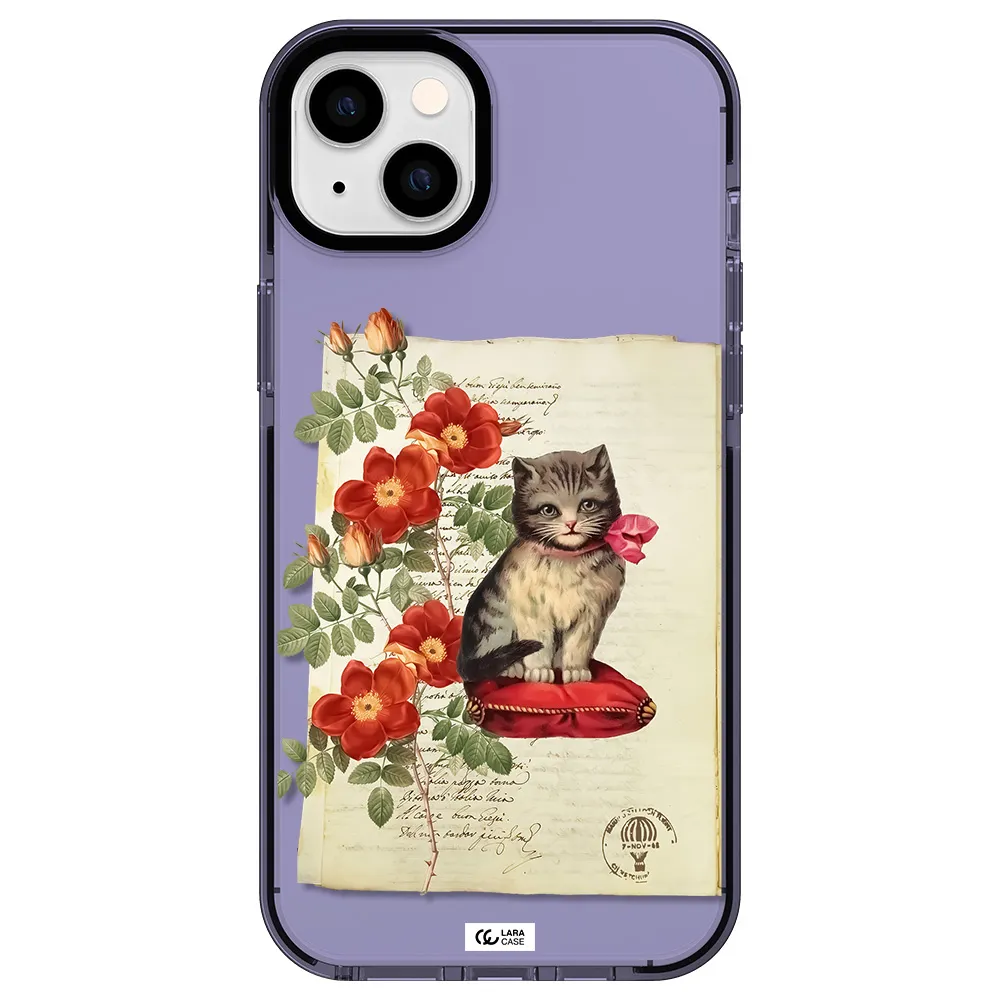 a cat on a pillow with flowers Apple iPhone 14 plus impact Lilac Case