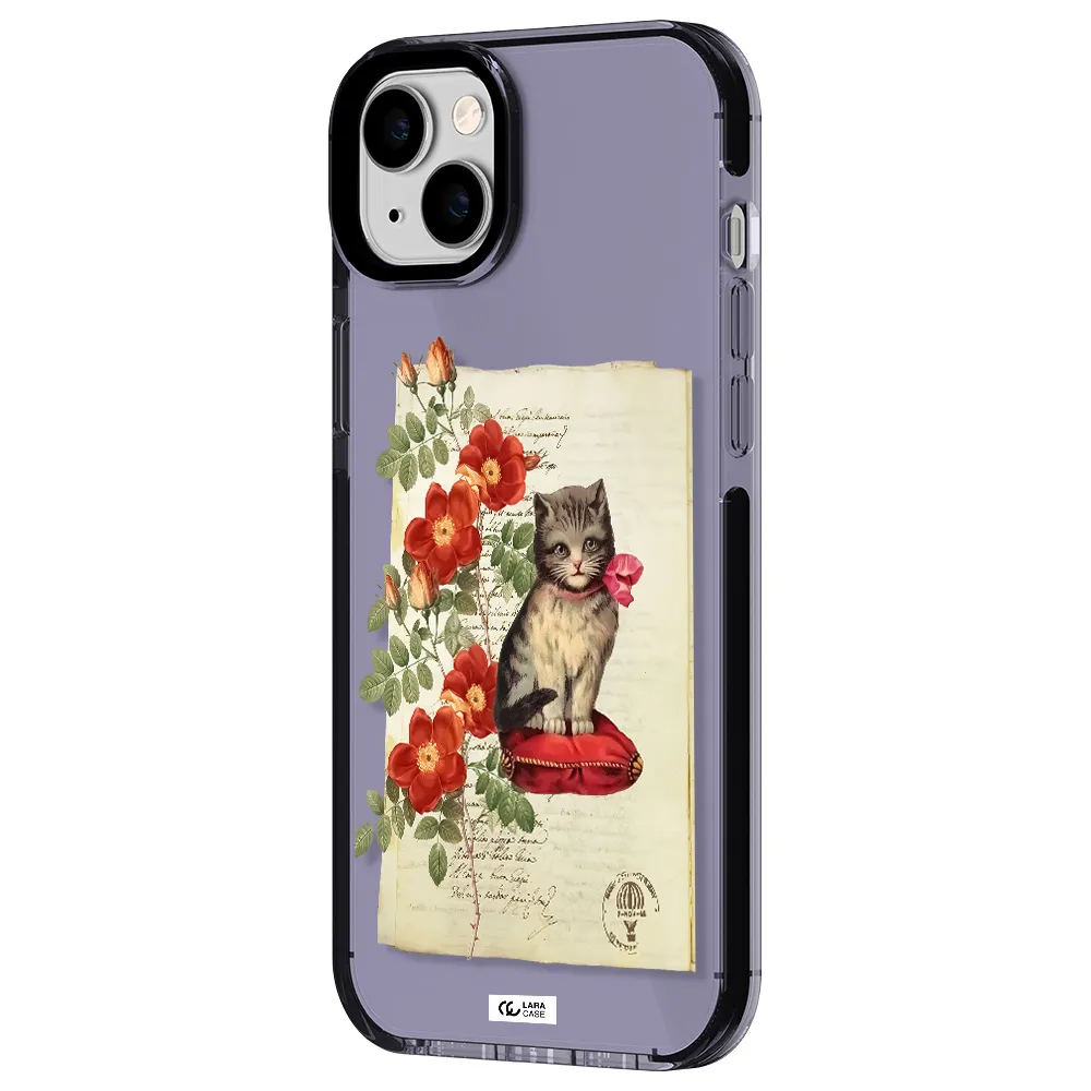 a cat on a pillow with flowers Apple iPhone 14 plus impact Lilac Case