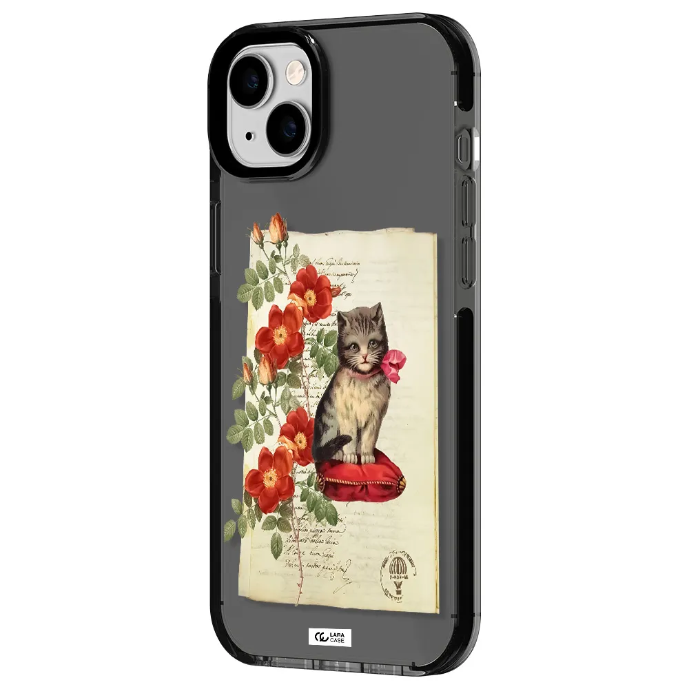 a cat on a pillow with flowers Apple iPhone 14 plus impact Smoke Black Case