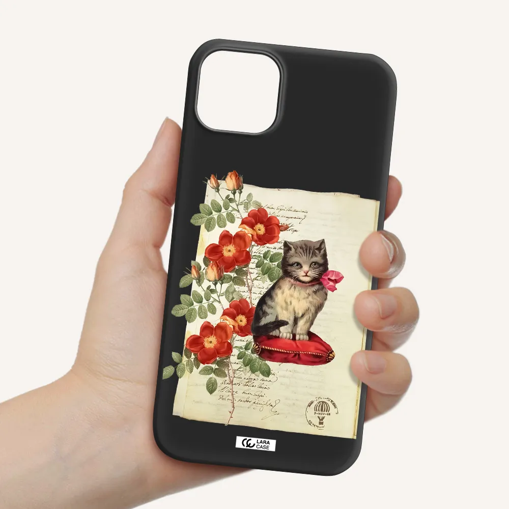 a cat on a pillow with flowers Apple iPhone 14 plus Silicone black Case