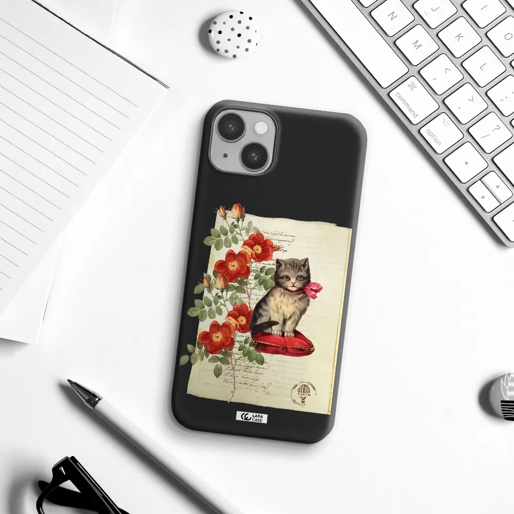 a cat on a pillow with flowers Apple iPhone 14 plus Silicone black Case