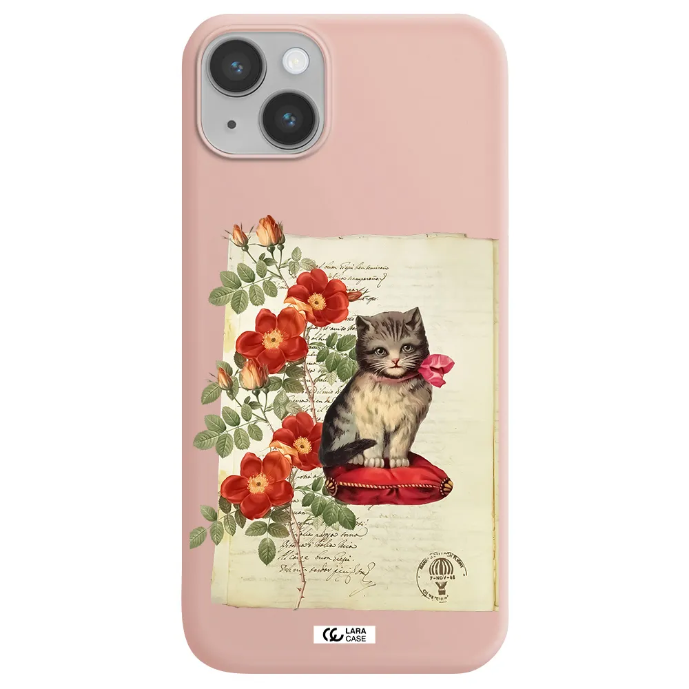 a cat on a pillow with flowers Apple iPhone 14 plus Silicone pastel pink Case
