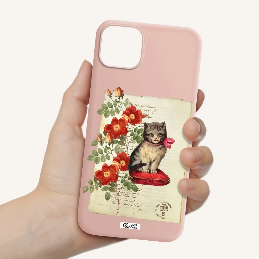 a cat on a pillow with flowers Apple iPhone 14 plus Silicone pastel pink Case