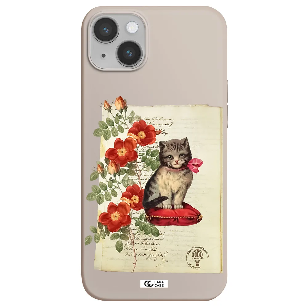 a cat on a pillow with flowers Apple iPhone 14 plus Silicone Stone Case