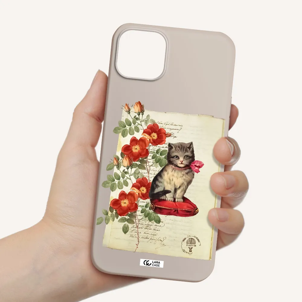 a cat on a pillow with flowers Apple iPhone 14 plus Silicone Stone Case