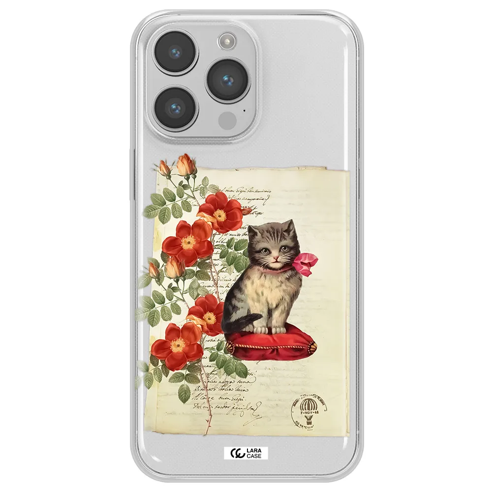 a cat on a pillow with flowers Apple iPhone 14 pro Clear TPU Case