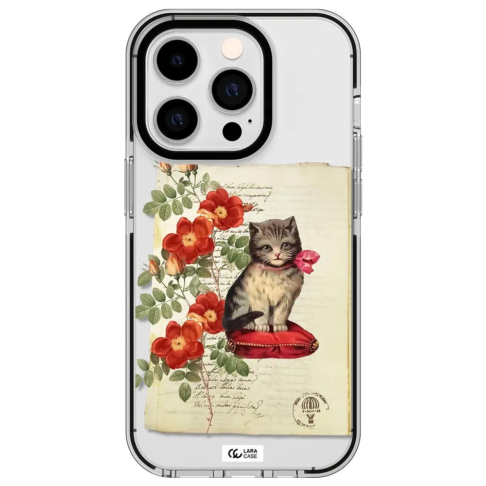 a cat on a pillow with flowers Apple iPhone 14 pro impact black border Case