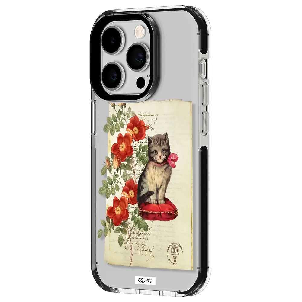 a cat on a pillow with flowers Apple iPhone 14 pro impact black border Case