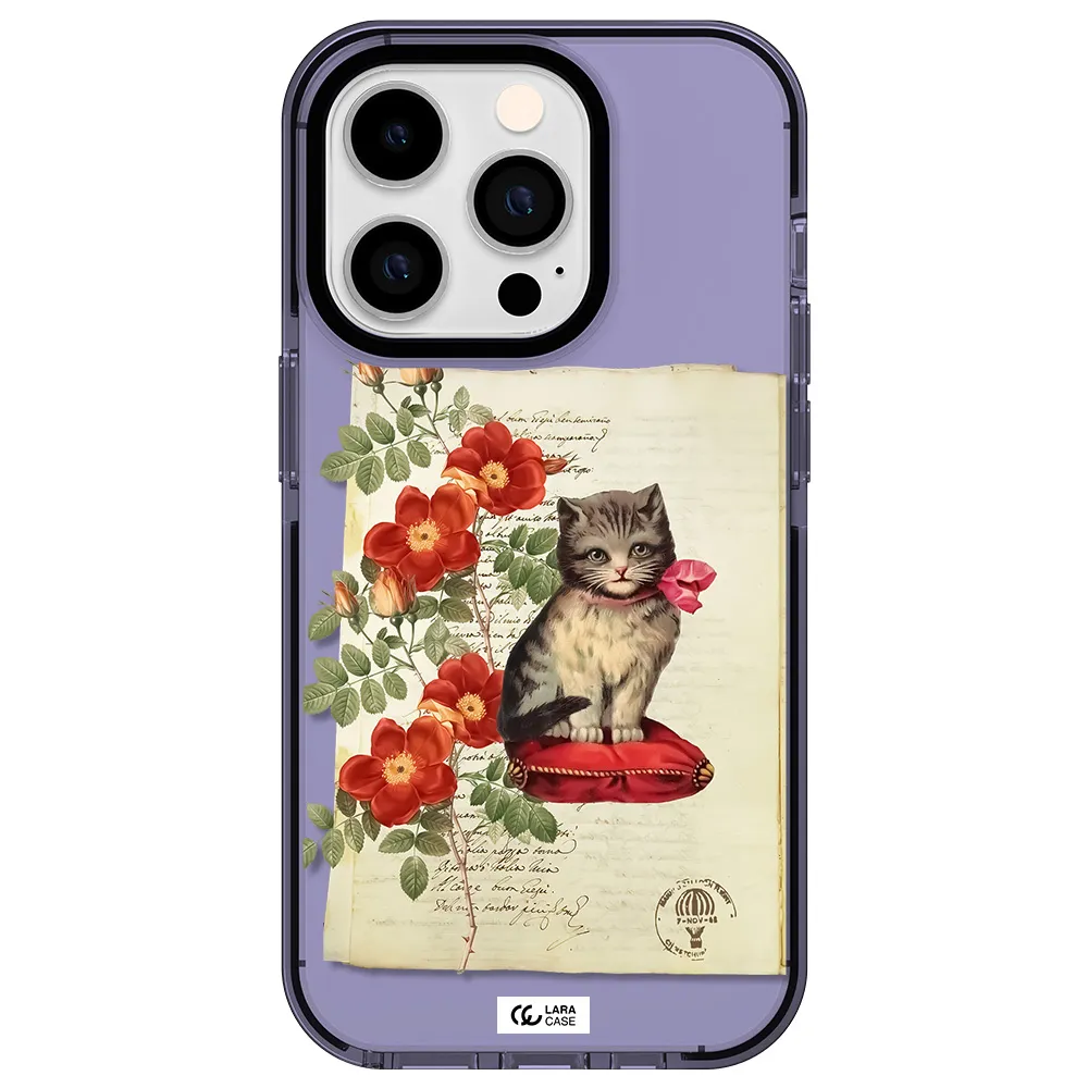 a cat on a pillow with flowers Apple iPhone 14 pro impact Lilac Case