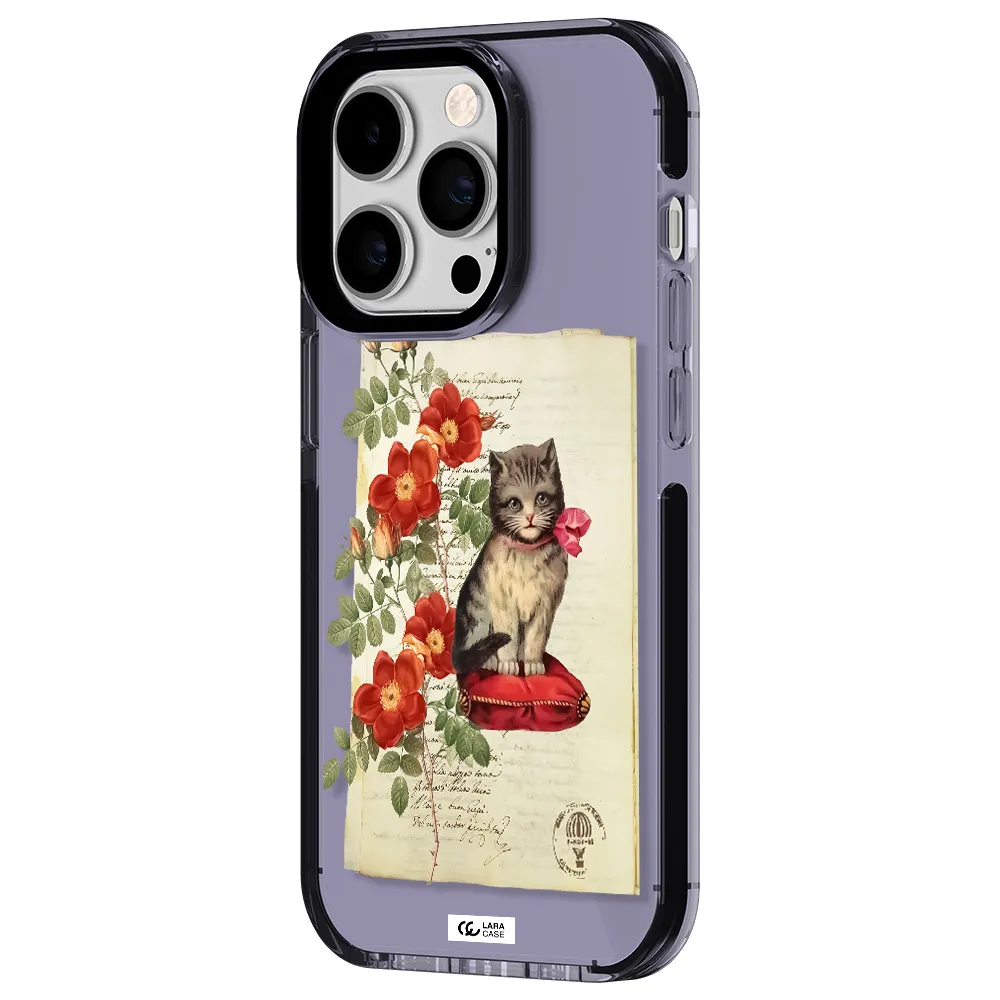a cat on a pillow with flowers Apple iPhone 14 pro impact Lilac Case