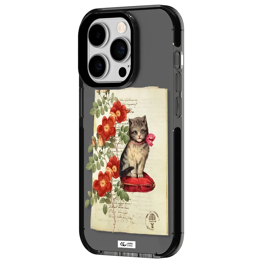 a cat on a pillow with flowers Apple iPhone 14 pro impact Smoke Black Case