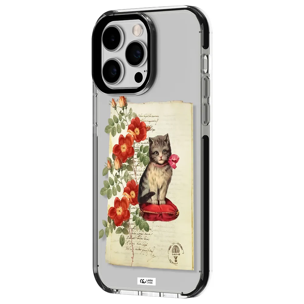 a cat on a pillow with flowers Apple iPhone 14 pro max impact black border Case