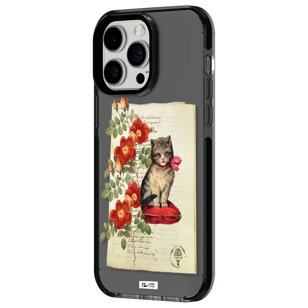 a cat on a pillow with flowers Apple iPhone 14 pro max impact Smoke Black Case