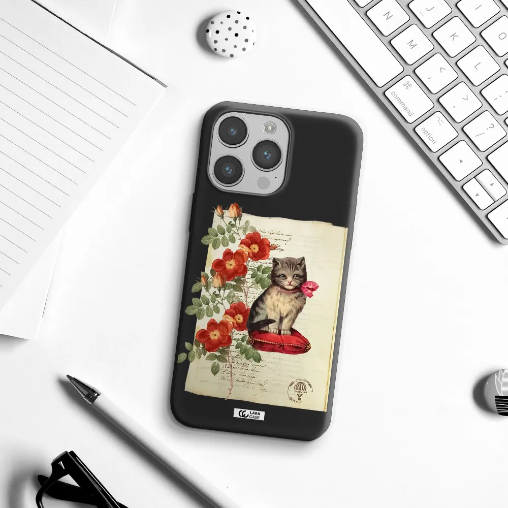 a cat on a pillow with flowers Apple iPhone 14 pro max Silicone black Case
