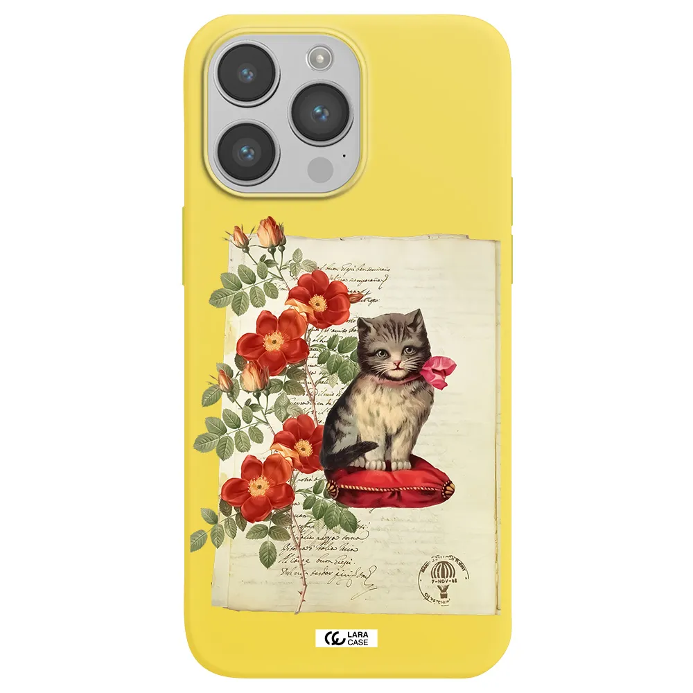 a cat on a pillow with flowers Apple iPhone 14 pro max Silicone canary yellow Case