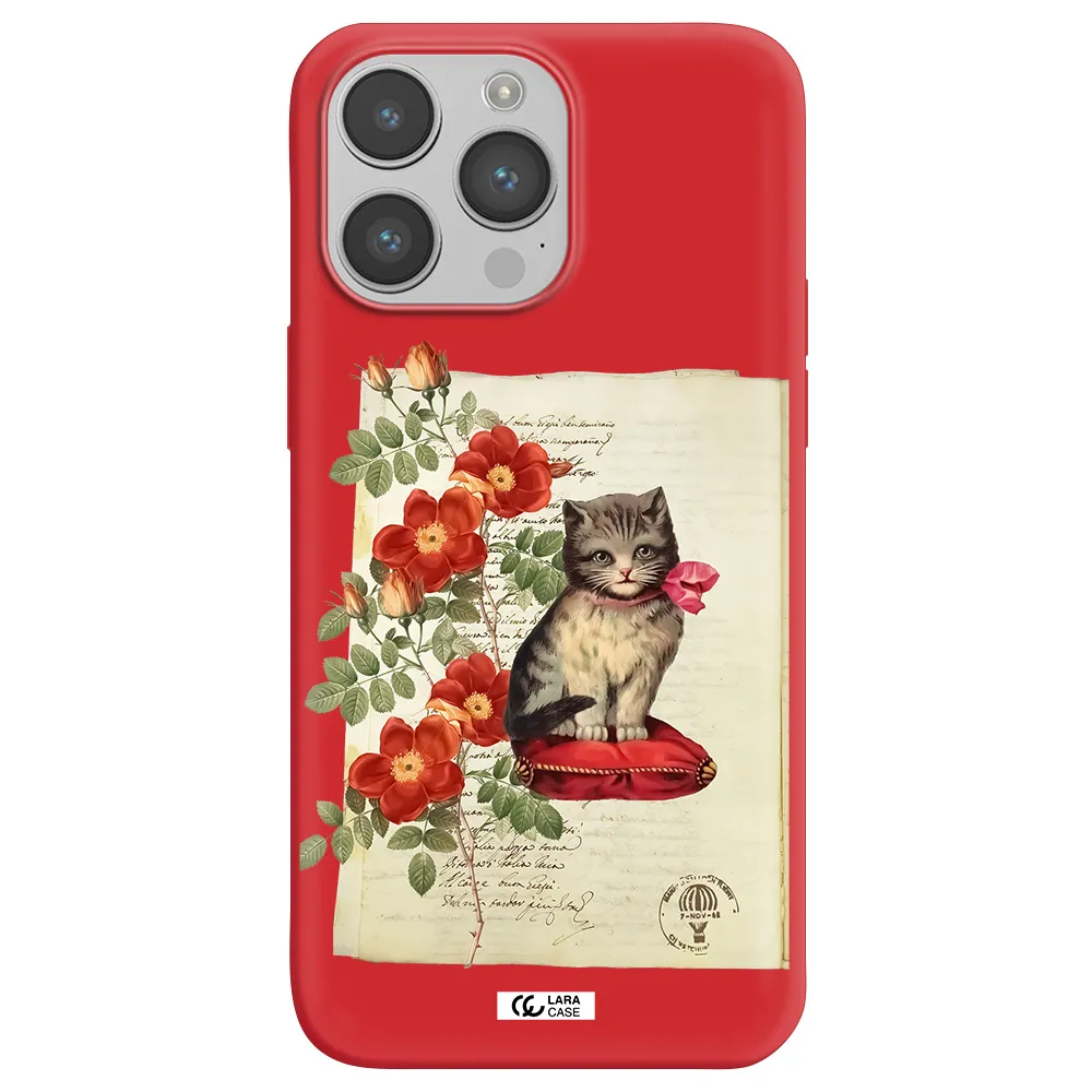 a cat on a pillow with flowers Apple iPhone 14 pro max Silicone Imperial Red Case