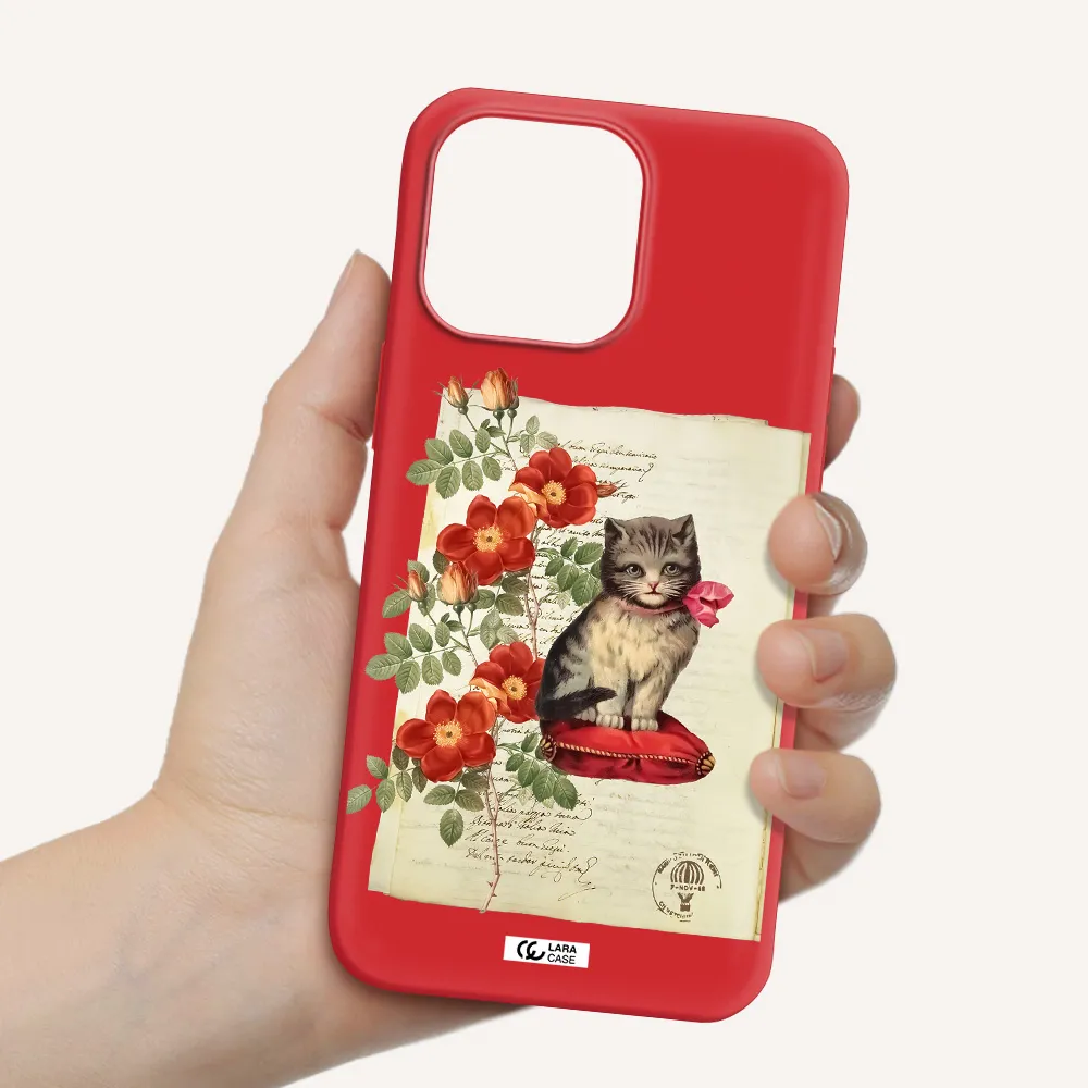 a cat on a pillow with flowers Apple iPhone 14 pro max Silicone Imperial Red Case