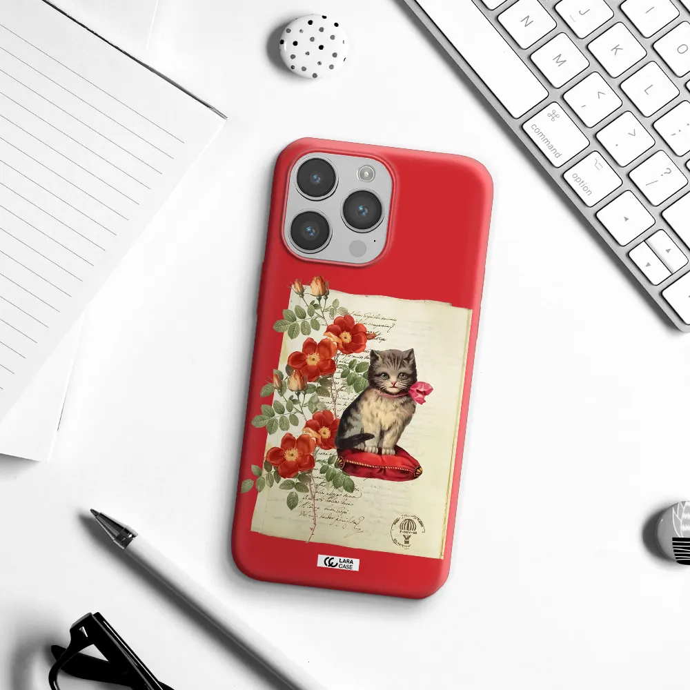 a cat on a pillow with flowers Apple iPhone 14 pro max Silicone Imperial Red Case