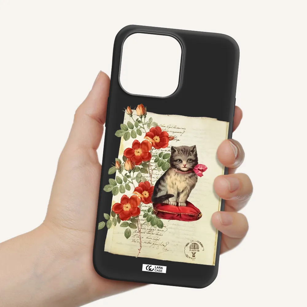 a cat on a pillow with flowers Apple iPhone 14 pro Silicone black Case