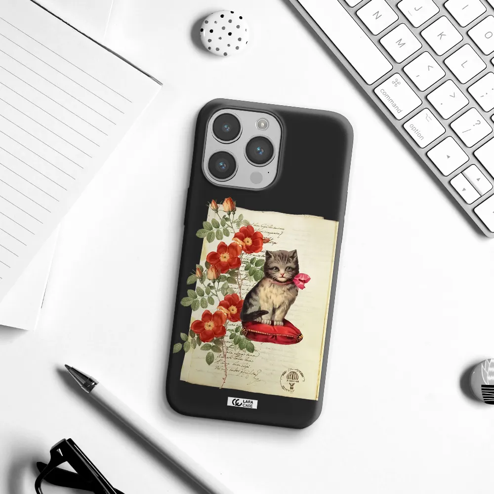 a cat on a pillow with flowers Apple iPhone 14 pro Silicone black Case