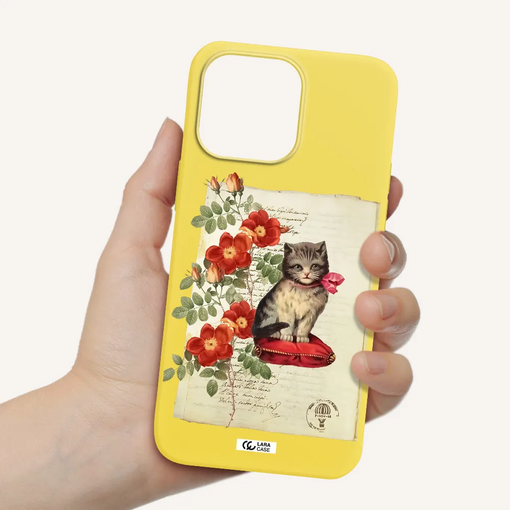 a cat on a pillow with flowers Apple iPhone 14 pro Silicone canary yellow Case