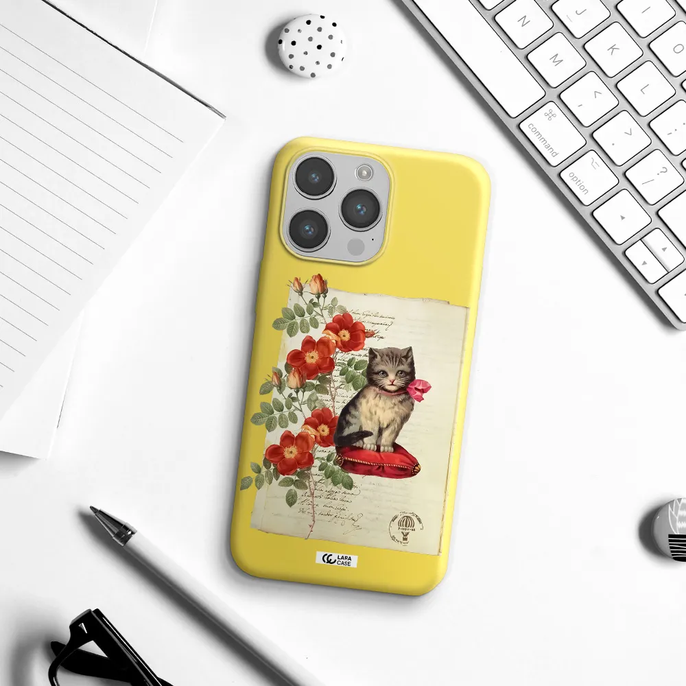 a cat on a pillow with flowers Apple iPhone 14 pro Silicone canary yellow Case