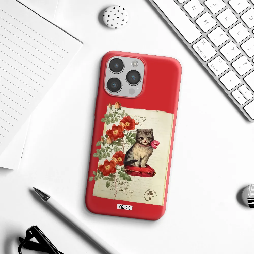 a cat on a pillow with flowers Apple iPhone 14 pro Silicone Imperial Red Case
