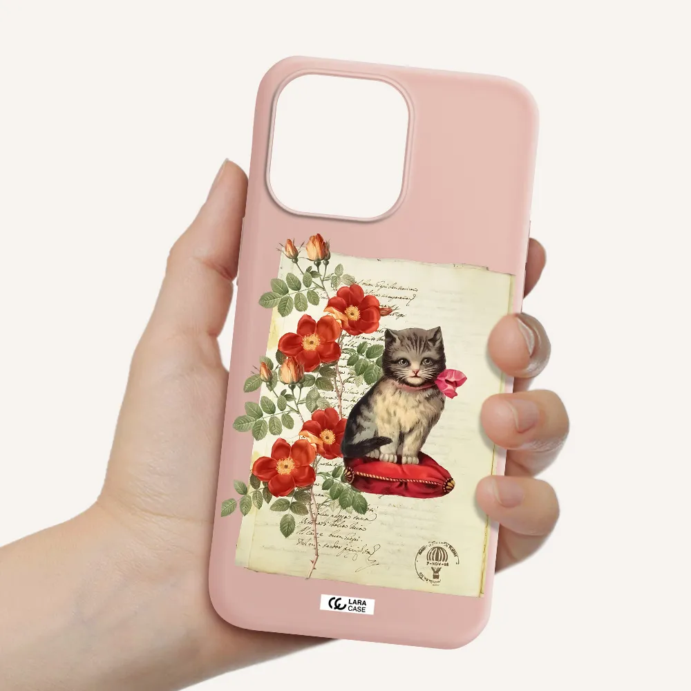 a cat on a pillow with flowers Apple iPhone 14 pro Silicone pastel pink Case
