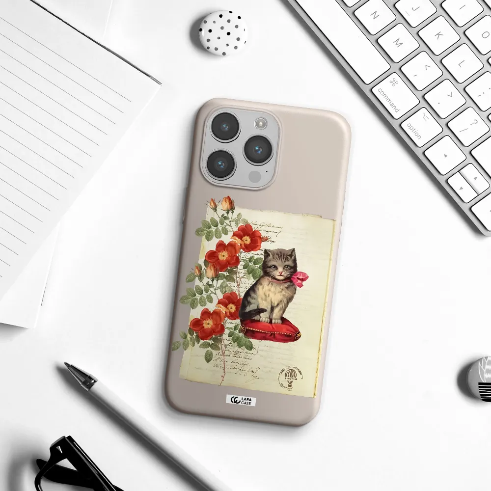 a cat on a pillow with flowers Apple iPhone 14 pro Silicone Stone Case