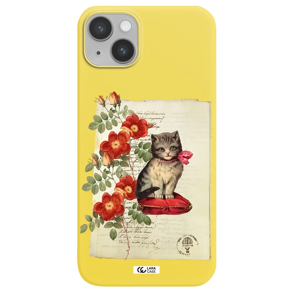 a cat on a pillow with flowers Apple iPhone 14 Silicone canary yellow Case