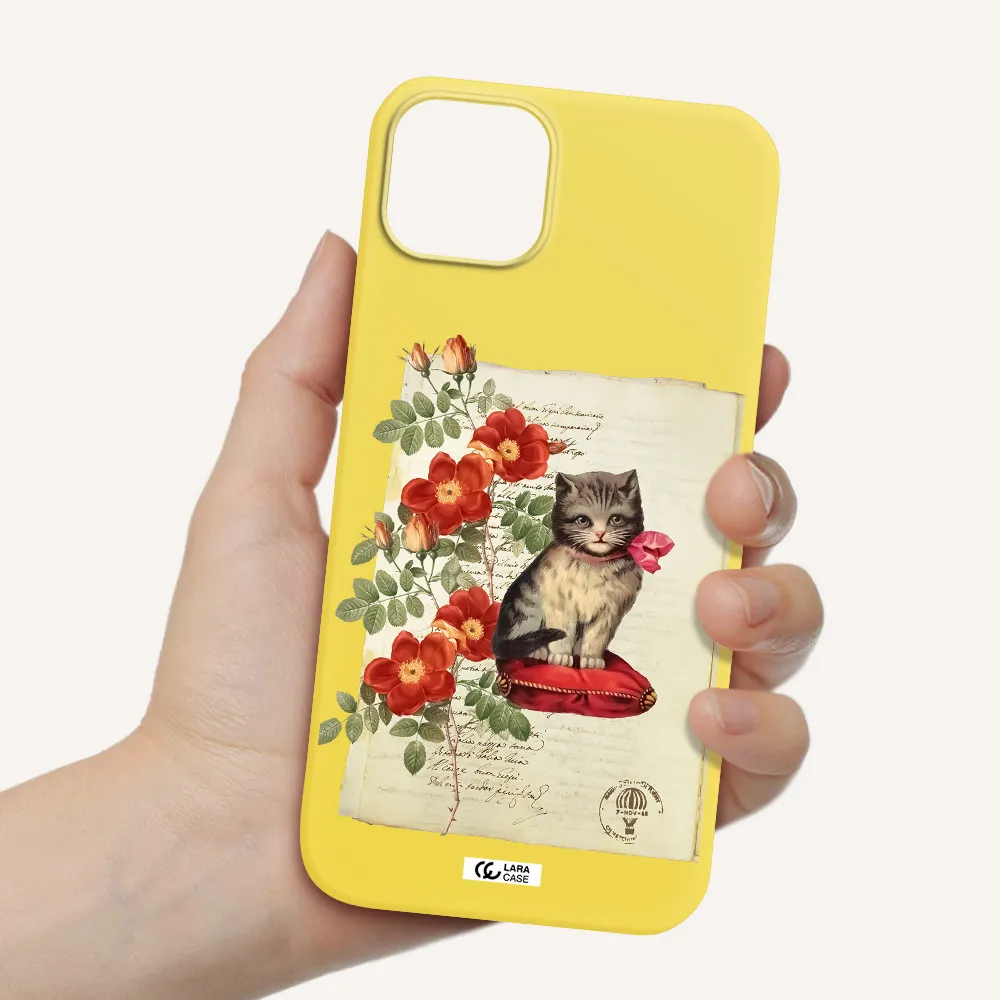 a cat on a pillow with flowers Apple iPhone 14 Silicone canary yellow Case