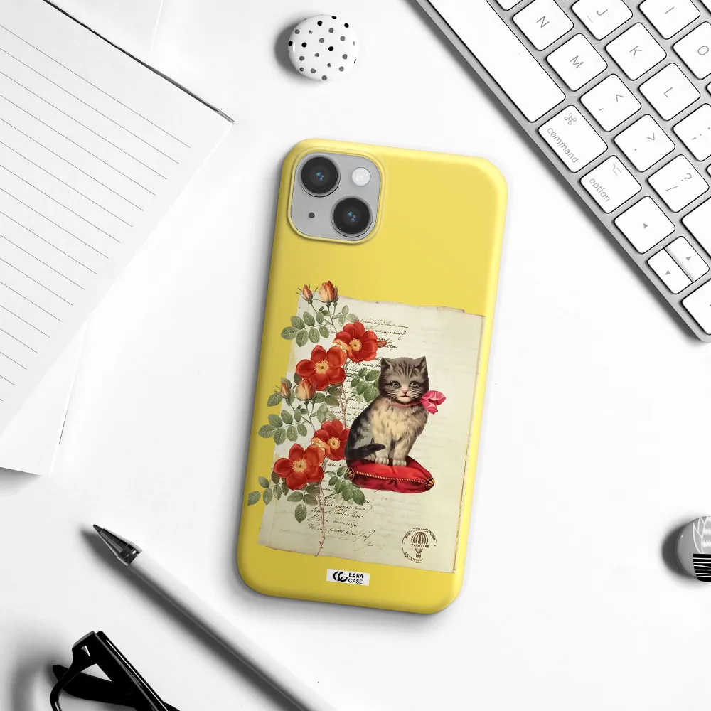 a cat on a pillow with flowers Apple iPhone 14 Silicone canary yellow Case