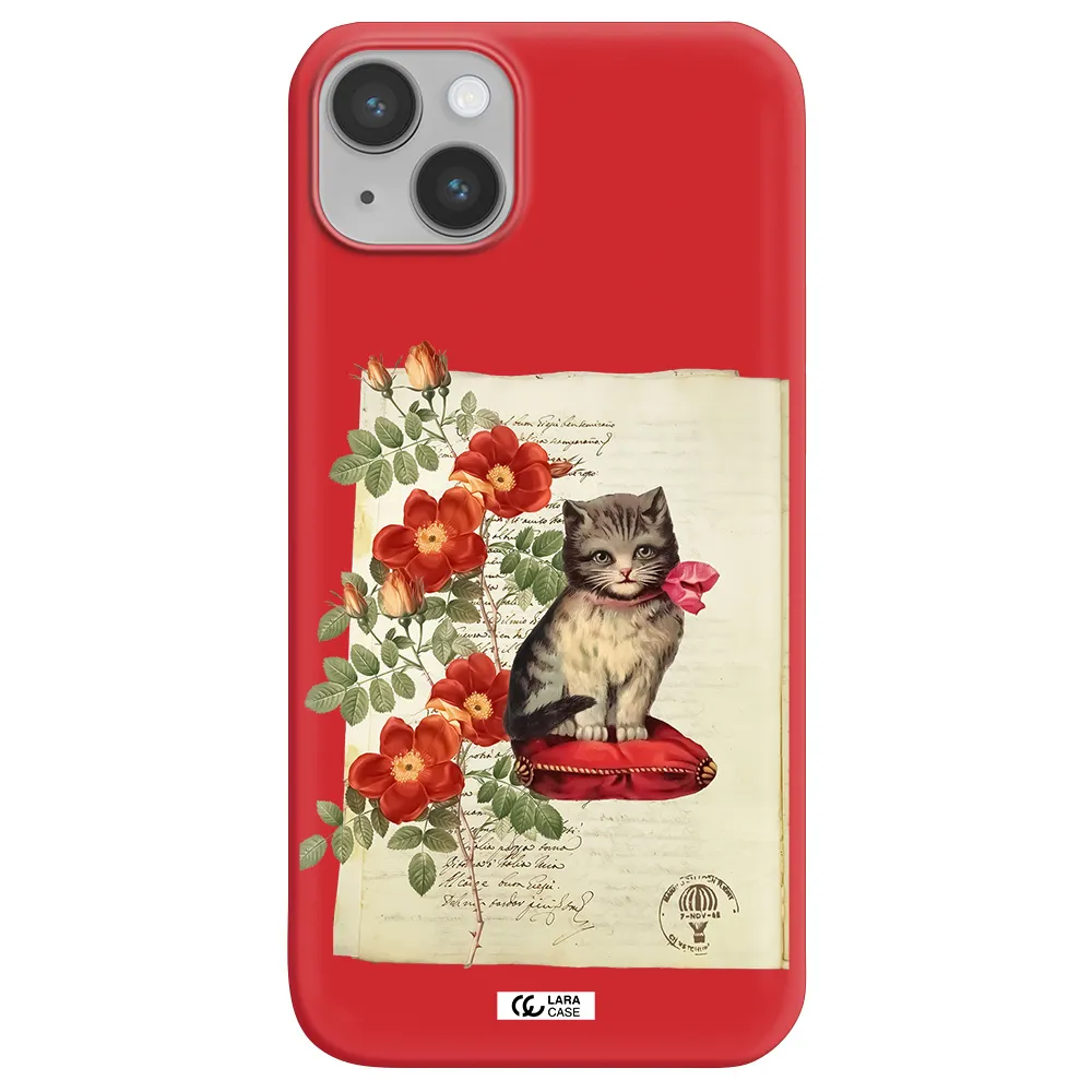 a cat on a pillow with flowers Apple iPhone 14 Silicone Imperial Red Case