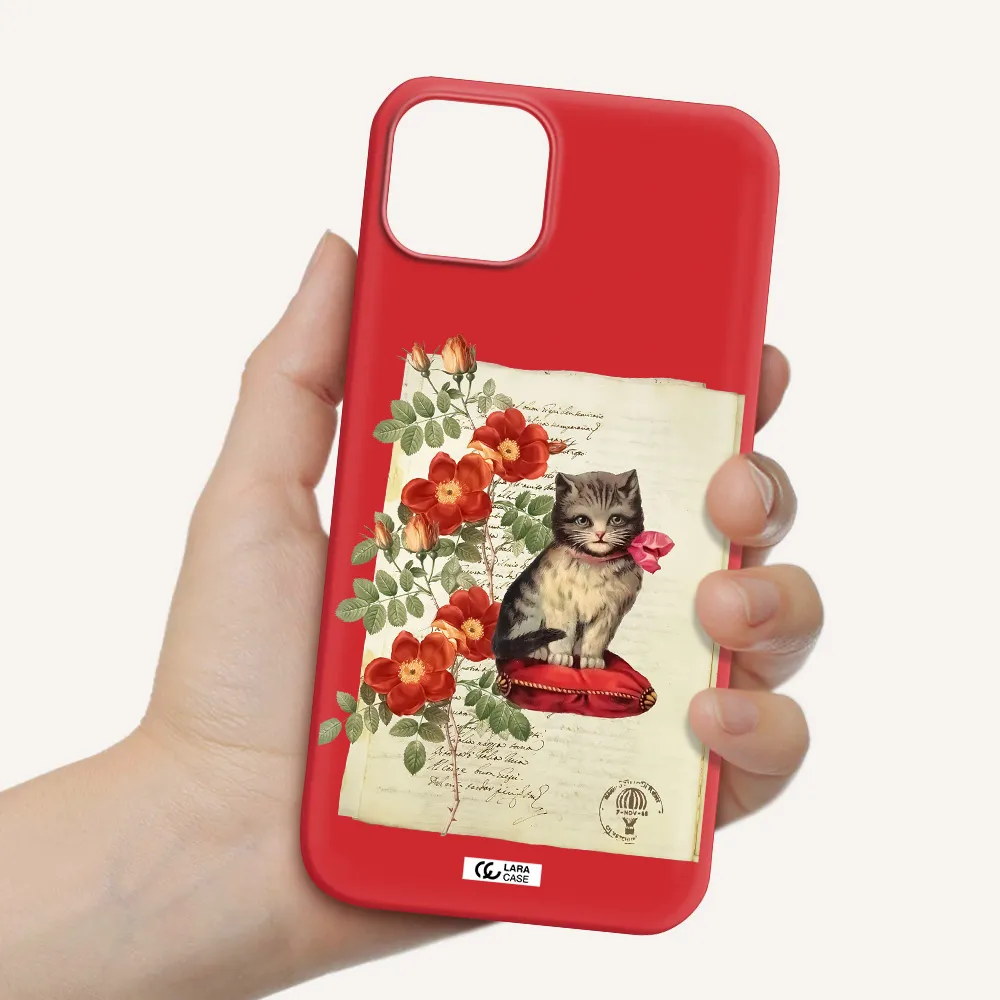 a cat on a pillow with flowers Apple iPhone 14 Silicone Imperial Red Case