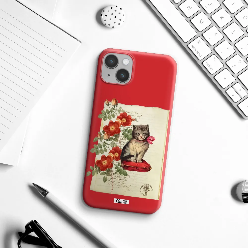 a cat on a pillow with flowers Apple iPhone 14 Silicone Imperial Red Case