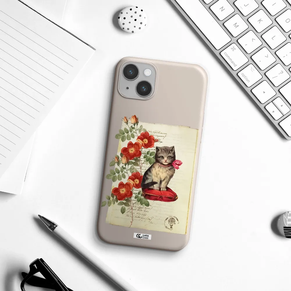 a cat on a pillow with flowers Apple iPhone 14 Silicone Stone Case