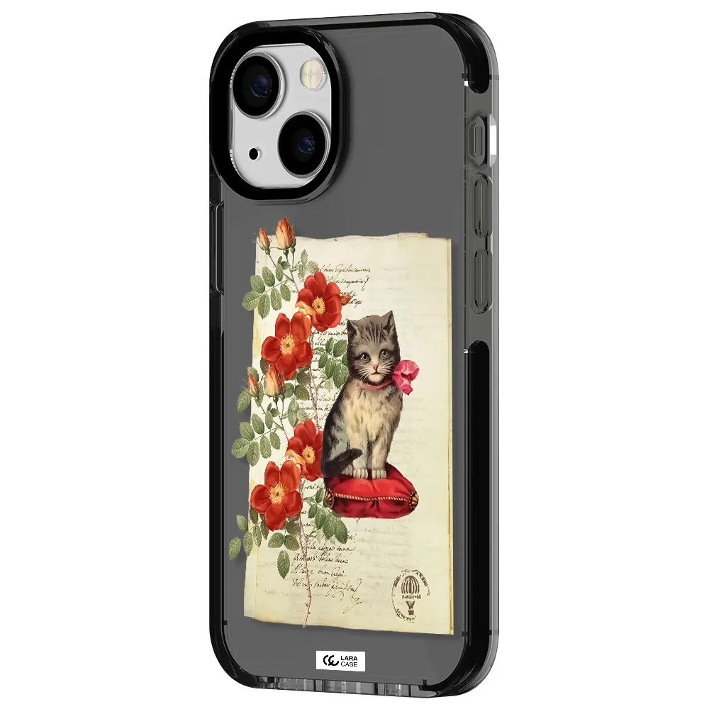 a cat on a pillow with flowers Apple iPhone 15 impact Smoke Black Case