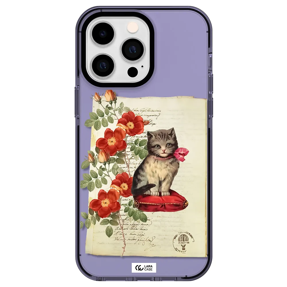 a cat on a pillow with flowers Apple iPhone 15 Pro impact Lilac Case