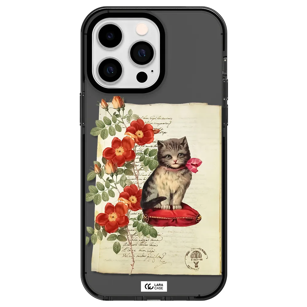 a cat on a pillow with flowers Apple iPhone 15 Pro Max impact Smoke Black Case