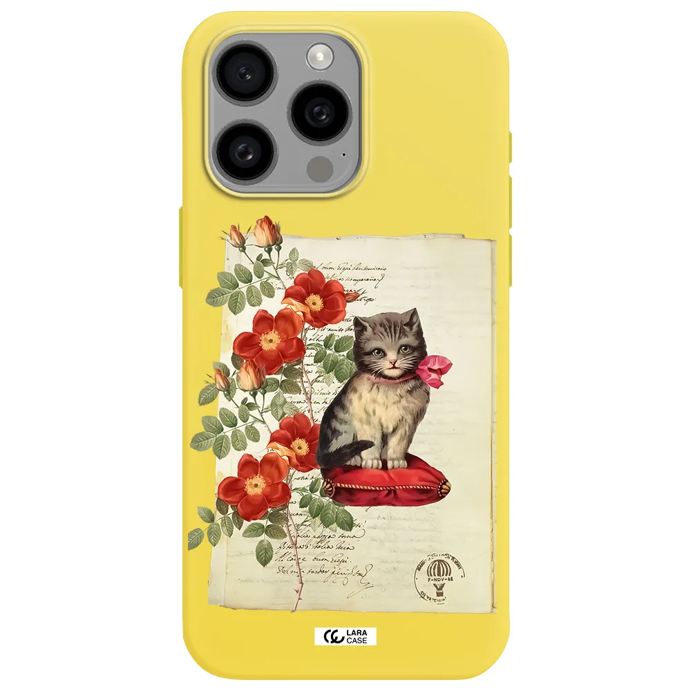 a cat on a pillow with flowers Apple Iphone 15 Pro max Silicone canary yellow Case