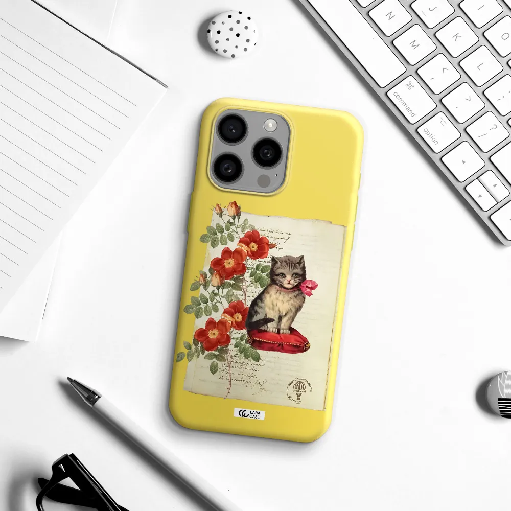 a cat on a pillow with flowers Apple Iphone 15 Pro max Silicone canary yellow Case