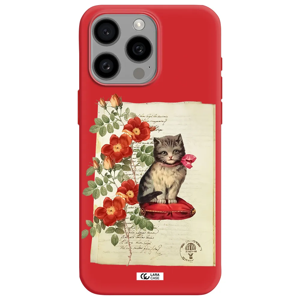 A Cat On A Pillow With Flowers Apple Iphone 15 Pro Max Silicone Imperial Red Case