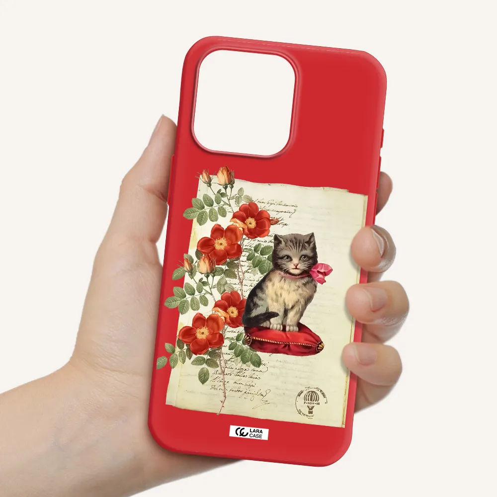 A Cat On A Pillow With Flowers Apple Iphone 15 Pro Max Silicone Imperial Red Case